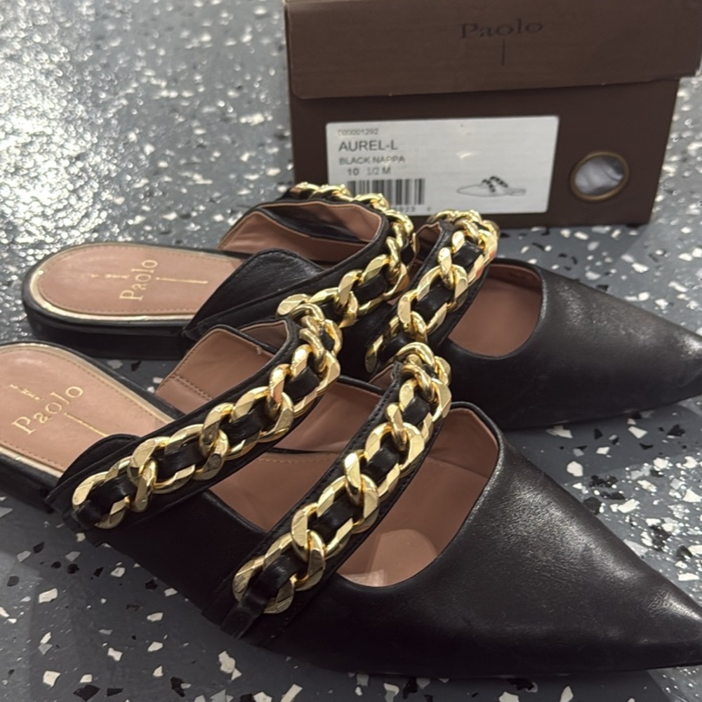 Paolo Black Mules with Gold Chain Accents